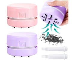 Mini desktop stofzuiger - Stofzuiger - 2 Stuks Draagbare kruimelverwijderaar - Stille en krachtige zuigkracht - Op batterijen - Het schoonmaken van toetsenborden, potloden en gummen van leerlingen - Ingebouwde afvalbak