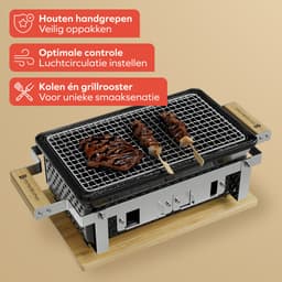 KitchenBrothers Kamado Hibachi Grill - Met Grillrek en Stokjes - Houtskool Barbecue - PFAS-vrij - Shichirin Tafelgrill - Rechthoekige BBQ - Keramische Barbecue - Zwart — thumbnail 3