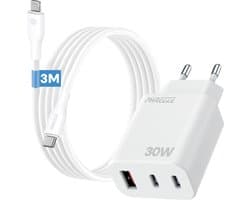 Usb adapter met 3m kabel geschikt voor iPhone iPad met Lightning naar usb C kabel snellader 30w