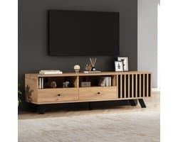 STILVORA TV meubel - TV-tafel/woonkamerkast met 2 lades en 2 open vakken - Geschikt voor televisies tot 60 inch - 150x38x44 cm - Spaanplaat - Houtkleur