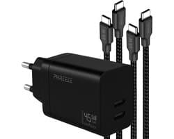 Snellader usb C adapter 45 W - Dual port Power Delivery GaN oplader met 2 usb C naar usb C kabels 1m - Laptop oplader usb C