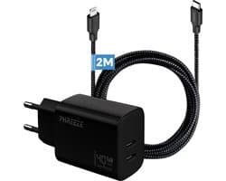 Phreeze usb C snellader geschikt voor iPhone en iPad - Met usb C naar Lightning kabel 2 meter - GaN snellader met 2 usb C poorten - 20w 20 watt usb c power adapter