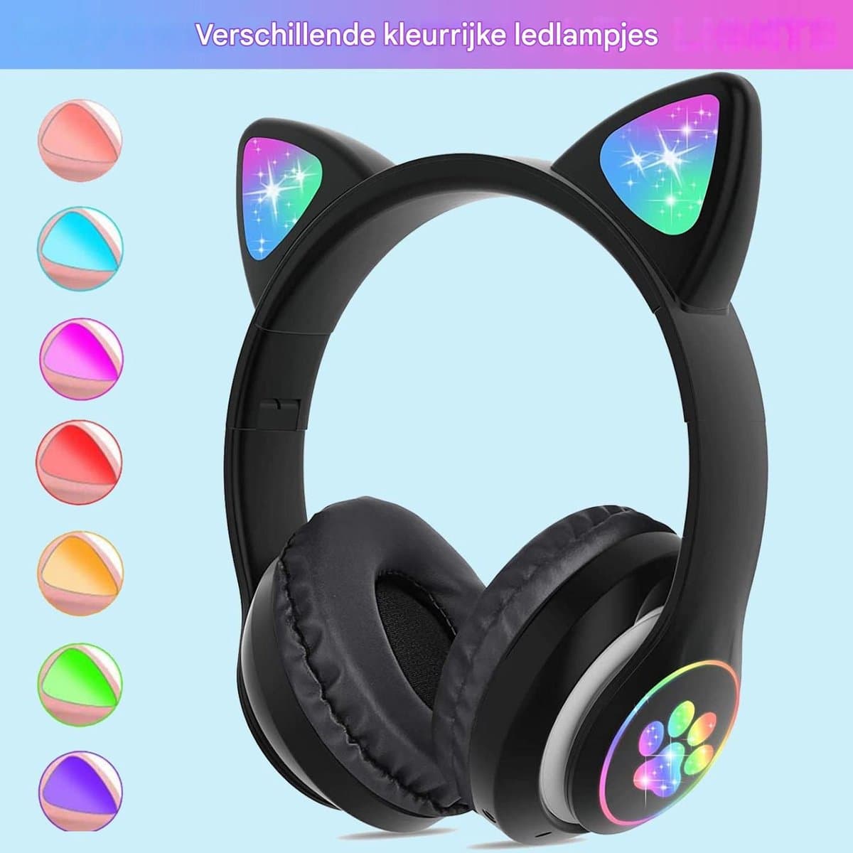 Draadloze Bluetooth-koptelefoon met kattenoortjes en microfoon, geschikt voor kinderen, tieners en volwassenen (zwart). — afbeelding 1