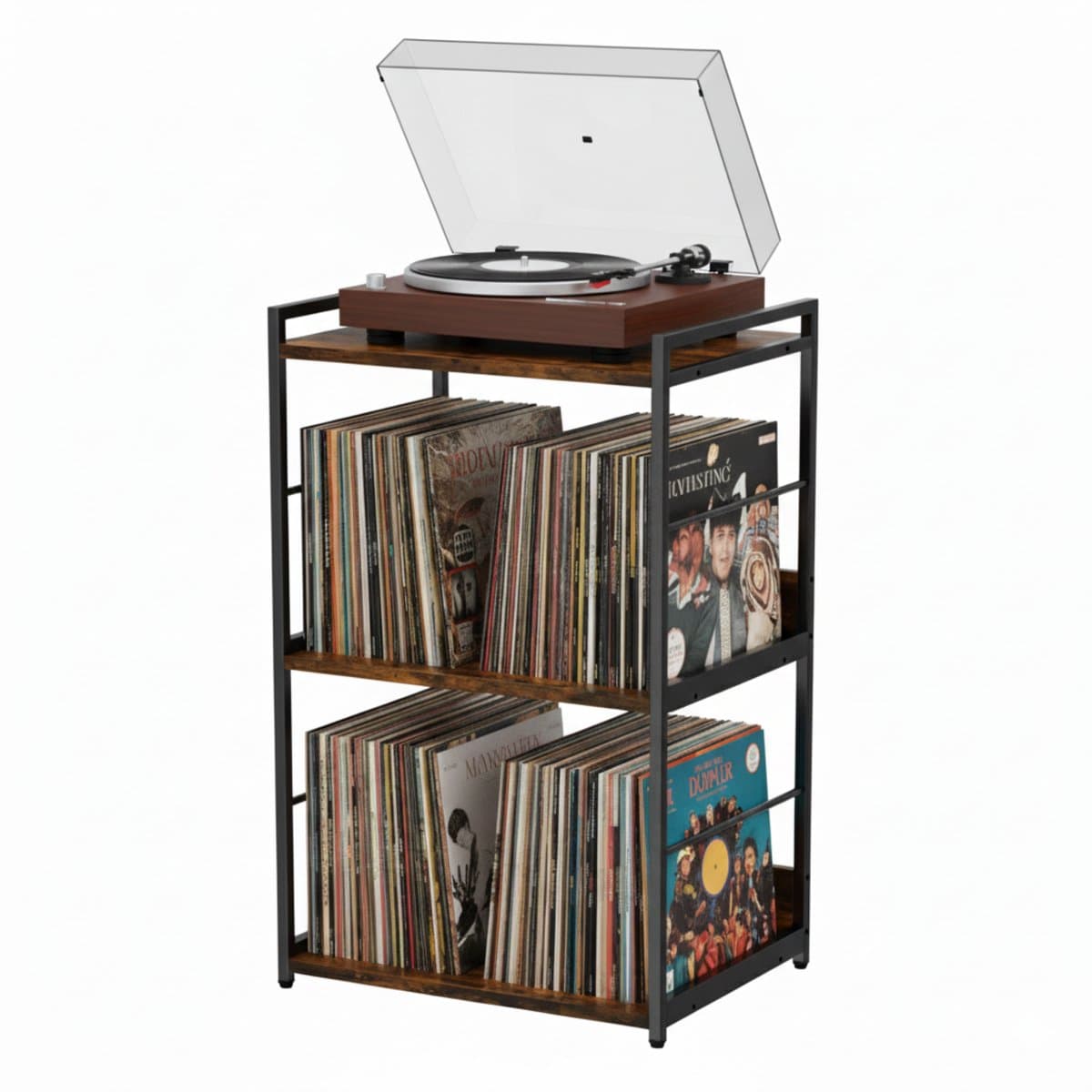 ACAZA LP Opbergsysteem - LP Houder - LP Rek - Vintage Bruin / Zwart - 48 x 38 x 80 cm (L x B x H) - Platenspeler Meubel - Vinyl Opbergsysteem - Platenrek - Platenkast - 200 Platen — afbeelding 1