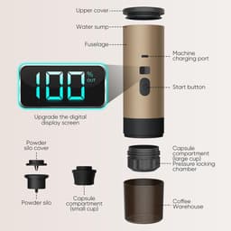 3-in-1 Draagbare Koffiezetter 72W - USB-oplaadbare Espressomachine - Capsule Espresso Apparaat - 90 Ml Watertank - Geschikt Voor Kantoor, Camper En Reizen (Grijs) — thumbnail 4