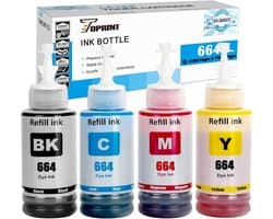 4-Pack T664 Inktflessen Set Compatibel met Diverse Inkjet Printers (Zwart, Cyaan, Magenta, Geel)