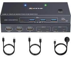 KVM Switch USB-C 2 Laptops 3 Monitoren 4K, Dockingstation met 80W PD Opladen en USB 3.2