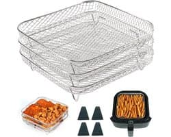 Airfryer Rekken, Vierkant Drie Lagen met 4 Poten Stapelbaar 304 Rek, Airfryer Mand Lade, Airfryer Accessoires, Grillrek voor Ninja Speedi 5,7L, Instant, Cosori Airfryer