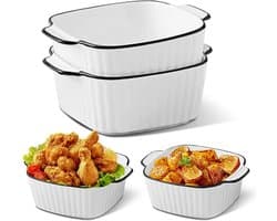Set van 4 Keramische Ovenschalen Vierkant - Stapelbaar - Geschikt voor Oven, Airfryer en Magnetron (400 ml)