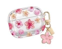 Transparant roze hoesje voor oordopjes dames met bloemen patroon en decoratieve hanger geschikt voor AirPods Pro 2 met ronde vorm en goudkleurige clip