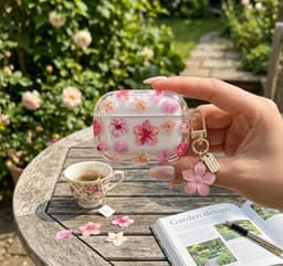Transparant roze hoesje voor oordopjes dames met bloemen patroon en decoratieve hanger geschikt voor AirPods Pro 2 met ronde vorm en goudkleurige clip — thumbnail 5