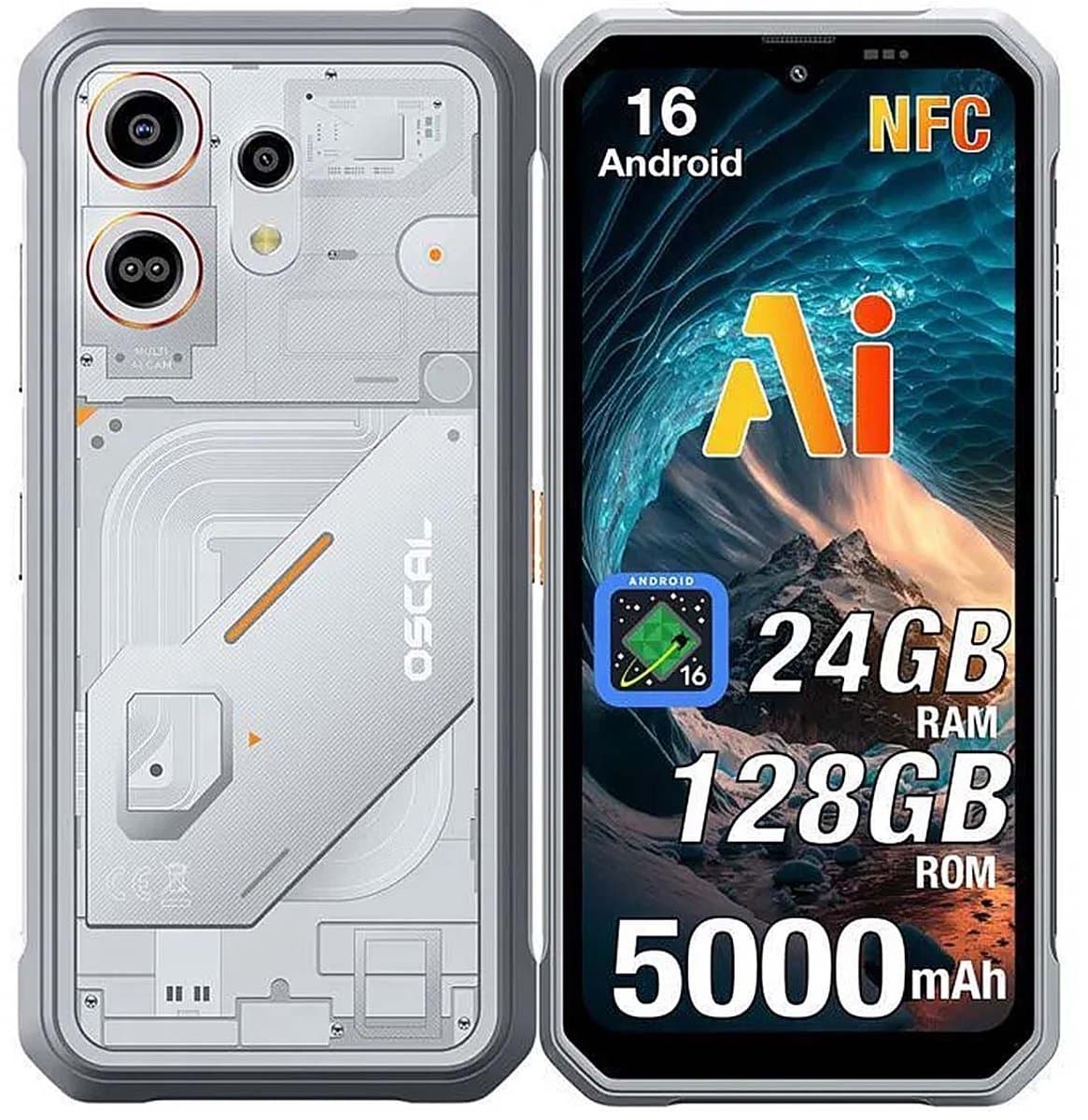 OSCAL MARINE 3 Robuuste Smartphone - 24GB RAM+256GB ROM - 5000mAh Robuuste Telefoon - 6,56 Inch - IP68 IP69K - Dual SIM 4G - Android 16 - BT5.0 - NFC GPS - Wit — afbeelding 1