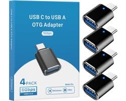 USB-A naar USB-C Adapter - 4 stuks - USB 3.0 - 5 Gbps - OTG Converter - USB-C naar USB-A Converter - Geschikt voor Laptop, Smartphone, Tablet, Etc. - Zwart