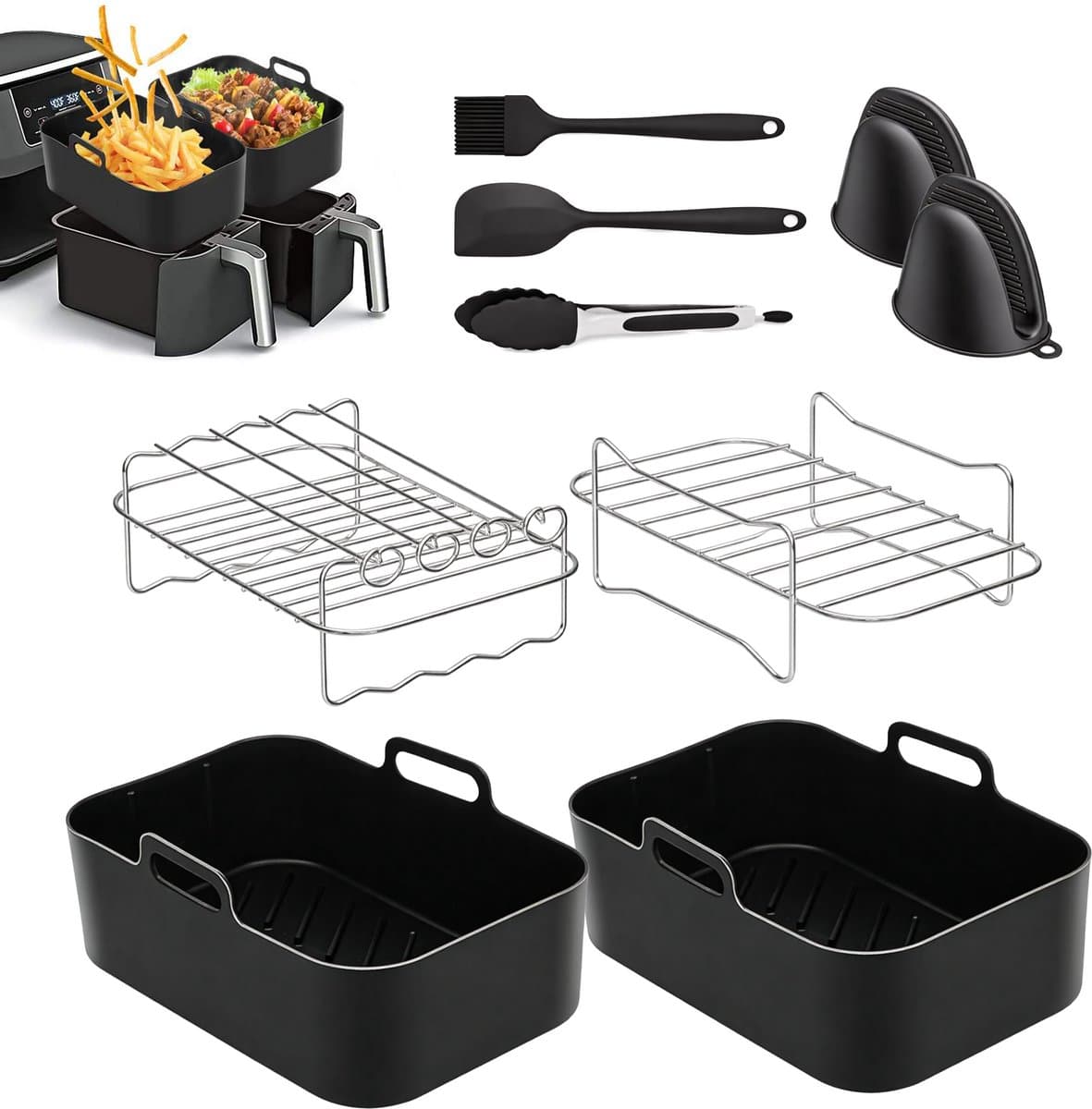 Airfryer Accessoireset 10-delig – Siliconen Bakjes, RVS Rekken, Spiesenrek, Tang, Spatel & Bakkwast – Geschikt voor Dual Zone Airfryer 7-10L – Vaatwasserbestendig & Hittebestendig 230°C — afbeelding 1