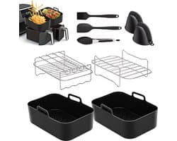Airfryer Accessoireset 10-delig – Siliconen Bakjes, RVS Rekken, Spiesenrek, Tang, Spatel & Bakkwast – Geschikt voor Dual Zone Airfryer 7-10L – Vaatwasserbestendig & Hittebestendig 230°C