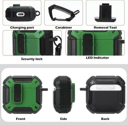Beschermhoes voor Airpods 4e generatie - TPU materiaal - met slotdeksel en sleutelhaak - stofdicht en schokbestendig - dubbellaags - Zwart/Groen - 2024. — thumbnail 5