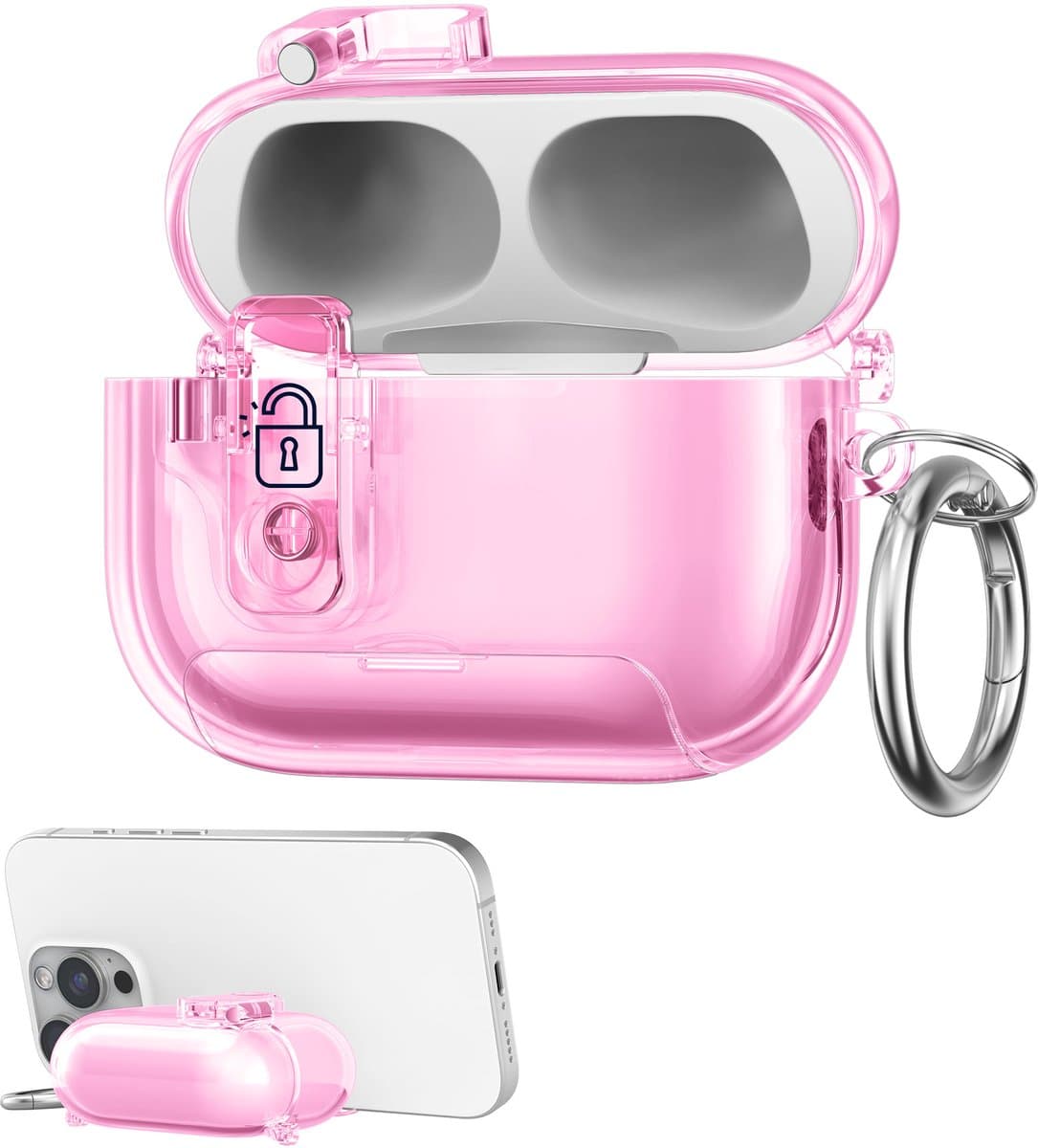 kwmobile Transparante hoofdtelefooncase voor Apple Airpods Pro 2 / Pro 1 hoes - Headphones TPU cover met standaardfunctie en veiligheidsvergrendeling - poederroze — afbeelding 1