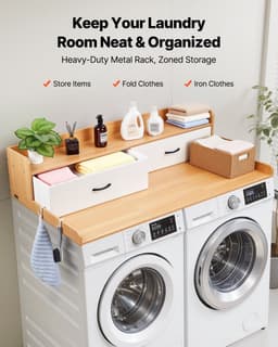 Werkblad voor Wasmachine en Droger - Opzetblad - Afmeting 137 x 69,9 cm - Met Opbergplank - Twee Lades - Haken - Draagvermogen 113 kg - Naturel Hout — thumbnail 3