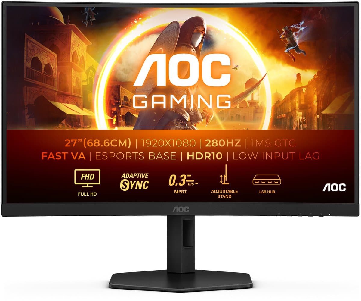 AOC C27G4ZXU - Full HD Curved Monitor - Speakers - USB-Hub - Ergonomisch - 280hz - 0.3ms - 27 inch — afbeelding 1