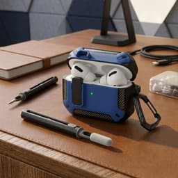 Blauw robuust hoesje voor oordopjes met carbon look geschikt voor AirPods Pro 3 inclusief schoonmaakset en karabijnhaak – schokbestendig en duurzaam — thumbnail 3
