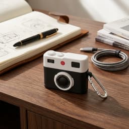 Zwart wit hoesje voor oordopjes unisex in retro camera vorm met karabijnhaak geschikt voor AirPods Pro 3 met reliëf details en compact ontwerp — thumbnail 3