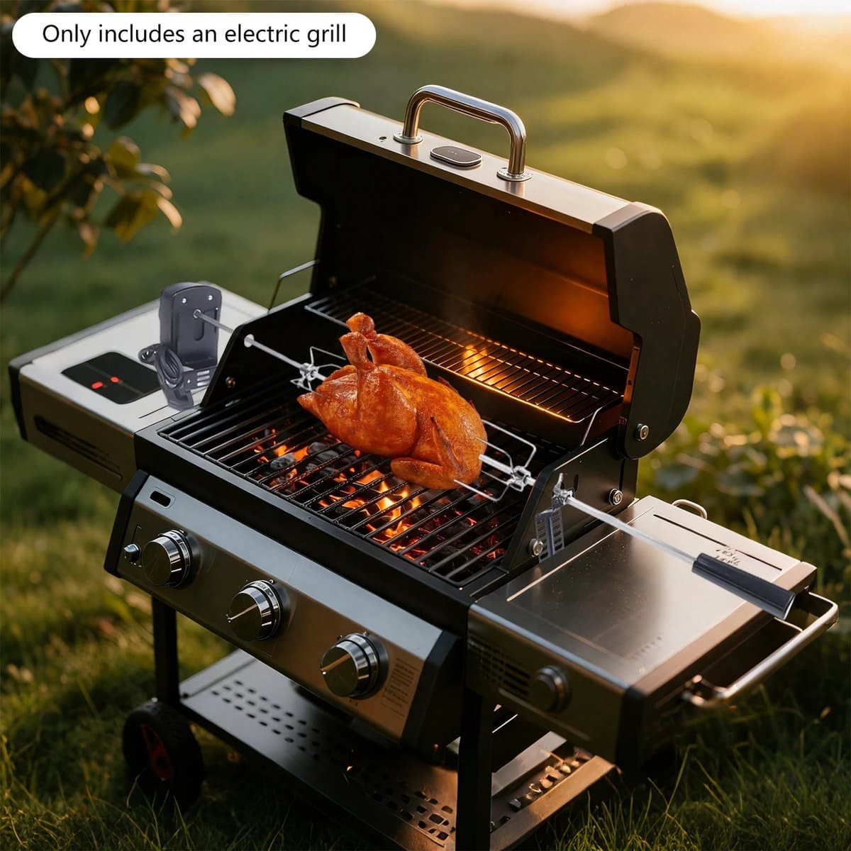 roestvrijstalen grillspit - elektrische BBQ-draaispitkit 360 ° - Automatische rotatie -17,6 lbs belasting voor buitencamping familiebarbecue — afbeelding 1