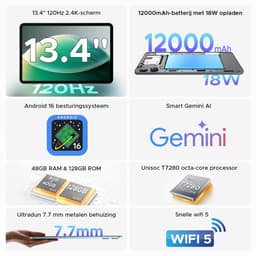 Aorlym P13 - Tablet - Tablets - 48 GB RAM + 128 GB ROM - 13,4 inch 2,4K 120 Hz - Android 16 - Gemini AI - 12000 mAh/18 W - Face ID - Widevine L1 - 13 MP + 8 MP camera - Dubbele luidsprekers - Tablet met toetsenbord en pennenhouder - Grijs — thumbnail 5