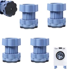 Een vierdelige wasmachineset bestaande uit verstelbare schokdempers (8-11 cm hoogte), anti-vibratievoetjes, een universele wasmachinebasis en een verhoger voor de droger. — thumbnail 1