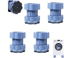 Een vierdelige wasmachineset bestaande uit verstelbare schokdempers (8-11 cm hoogte), anti-vibratievoetjes, een universele wasmachinebasis en een verhoger voor de droger.