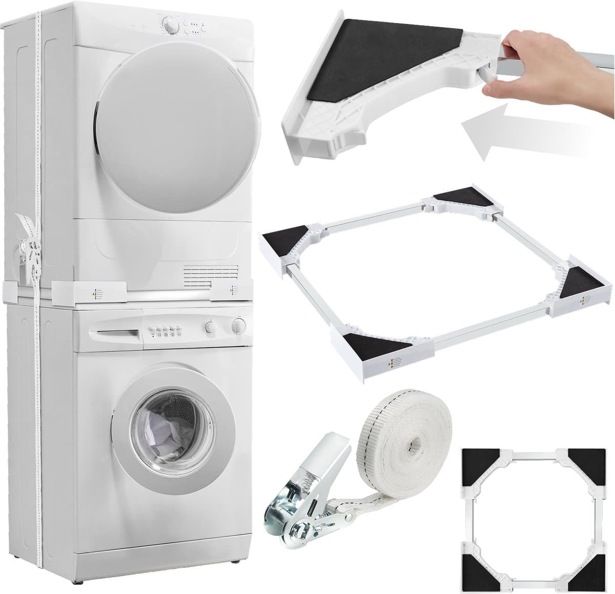 tectake® Tussenstuk Wasmachine en Droger - Verbindingsframe - Universele Wasmachine Stapelkit - Verbindingsset voor Wasdroger met Schuimrubberkussens - Verstelbaar Tussenstuk - Inclusief Spanband — afbeelding 1