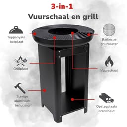 alpina 3-in-1 Vuurkorf en Grillplaat - Tuinhaard 61 x 90 cm - met Teppanyaki Bakplaat - Plancha BBQ met Brandhout Opslagplaats - Vuurkorf voor Buiten - Metaal — thumbnail 2