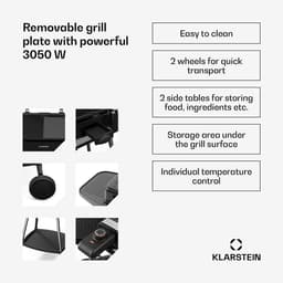 Klarstein Barbecue Gatsby elektrische grill 3050 W - Binnen & Buiten, Rookvrij EasyGrill concept, Grillplaat met antiaanbaklaag, Tot 240 °C, Stand met zijtafels - 49 cm - voor Terras - voor Balkon - Aluminium - BBQ - Tafelgrill — thumbnail 3
