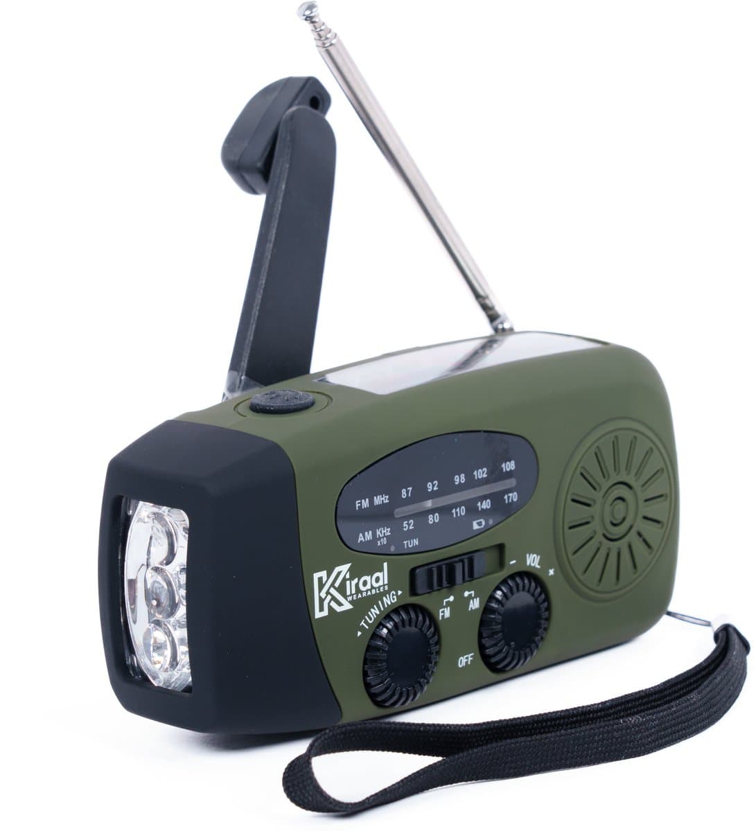 Kiraal – Noodradio Opwindbaar met Accu & Zonnepaneel | Voor Rampen - Noodpakket - Camping & Stroomuitval – Inclusief Nederlandse Handleiding - Legergroen — afbeelding 1