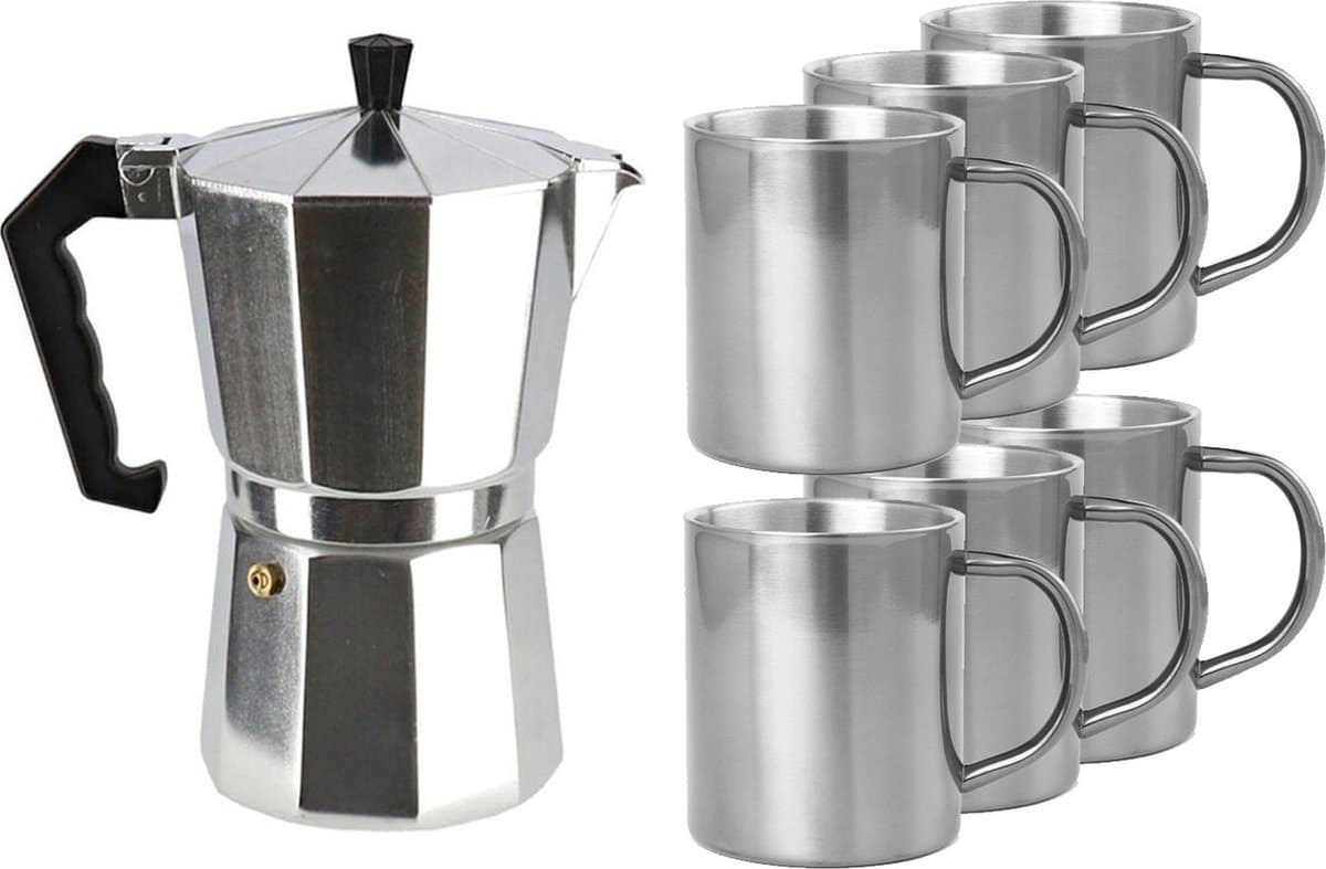 Zilveren percolator/espresso koffie apparaat met 6x RVS kopjes - Koffiezetapparaat met mokken - Koffiepercolator — afbeelding 1