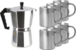 Zilveren percolator/espresso koffie apparaat met 6x RVS kopjes - Koffiezetapparaat met mokken - Koffiepercolator — thumbnail 1