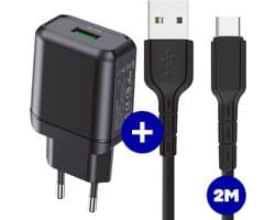 USB Adapter met USB-C Kabel - 2 Meter - Snellader - Quick Charge 18W - Voor S21,Tab S7,Tab A8,Tab S6 Lite, A52, A53, A51, A13, S22, S21, S10