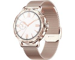Belesy® Cheer - Smartwatch Dames – Stappenteller – Calorieën –Hartslag – Sporten –Je eigen foto als wijzerplaat - Full Touch – Goud - Milanees