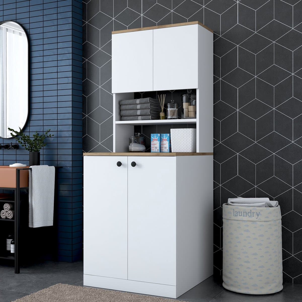KD102 Wasmachinekast | 100% MELAMINE | Wit, Walnoot - Emob - wasmachinekast_enkel - Wit - Spaanplaat — afbeelding 1
