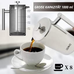 Koffiepot 304 Roestvrij Staal filter French Press System 1L 8 Kopjes - Tweelaags constructie — thumbnail 4