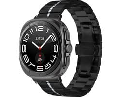 Strap-it Luxe metalen smartwatch band met vlindersluiting - geschikt voor de Samsung Galaxy Watch Ultra / Ultra 2025 47mm (zwart met zilveren streep)