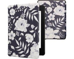 kwmobile e-reader hoesje geschikt voor Amazon Kindle Paperwhite 11. Generation 2021 hoes - E reader flip case met magnetische sluiting - Ereader cover - Bloemen in blauw design in blauw / wit
