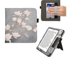 kwmobile e-reader hoesje geschikt voor Kobo Libra Colour hoes - E reader flip case van kunstleer - Ereader cover met stand - Magnolia design in taupe / wit / blauwgrijs