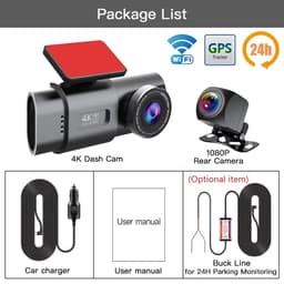Lordani Dual Dashcam voor auto | Ultra 4K & 1080P | Voor en Achter Camera | WiFi en GPS | met App | Nachtzicht | Parkeerbewaking | G Sensor | Loop opname | Full HD achter camera — thumbnail 4