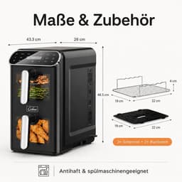 Heteluchtfriteuse - Airfryer Dubbele Kamer - Gezond Koken - Twee Kamers Boven Elkaar - 11 Liter - Zwart — thumbnail 3