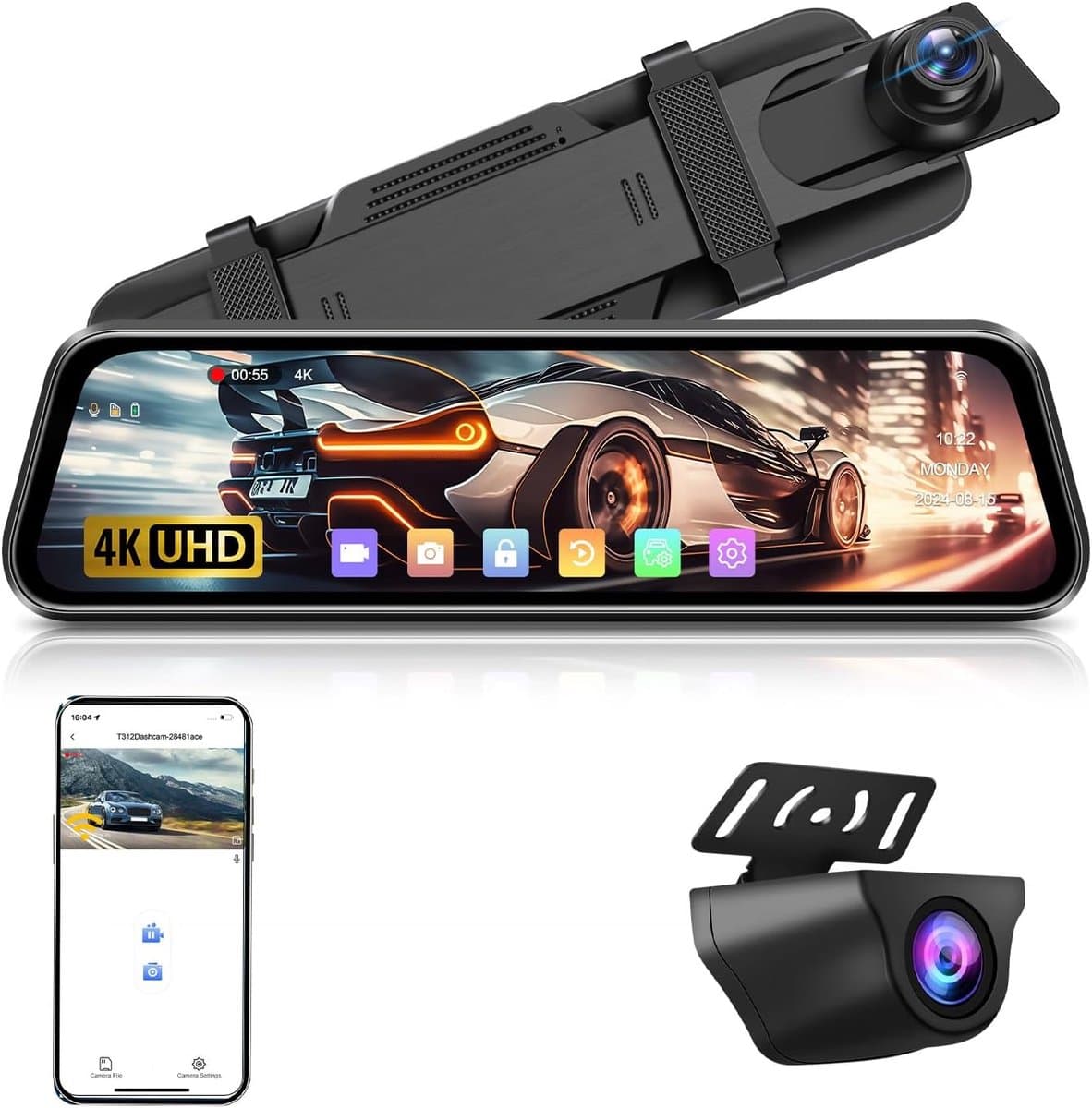 Thijox - 4K Dashcamspiegel met 10 inch IPS-touchscreen, Wifi, Achteruitkijkspiegel, 64G SD-kaart, WDR G-sensor, Parkeerhulp, Auto Accessoire — afbeelding 1
