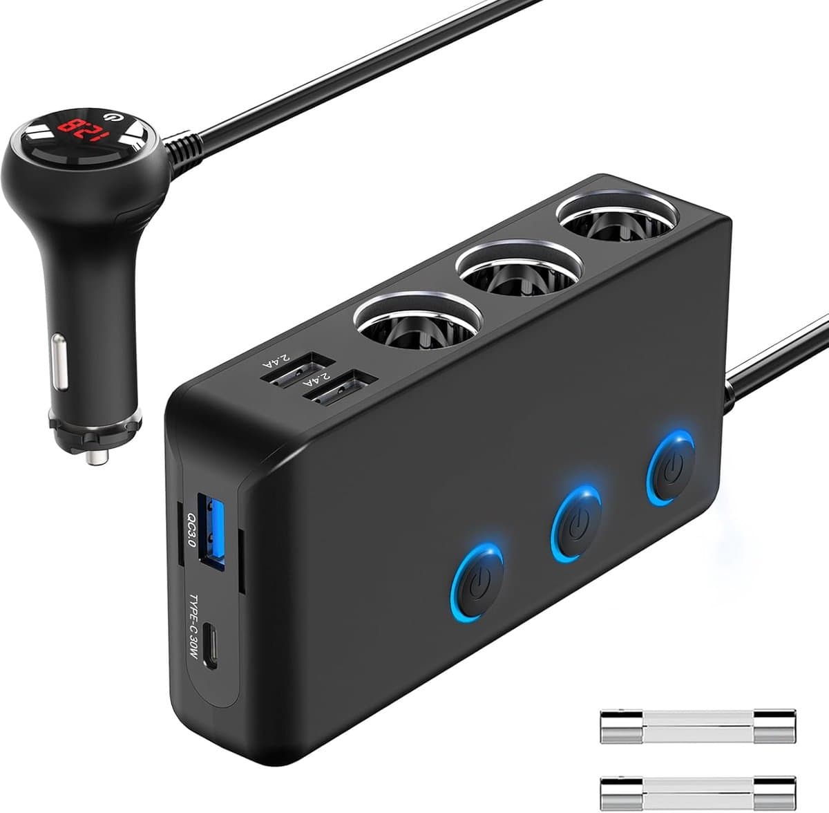 Thijox - PD 30W Sigarettenaansteker Splitter Auto 200W met 3 Stopcontacten en 4 USB Oplaadpoorten, USB-C, QC 3.0, LED Voltmeter voor Auto, Mobiele Tel — afbeelding 1