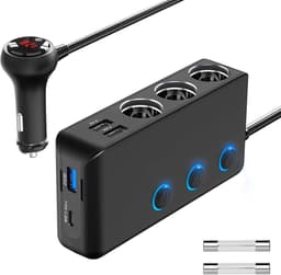 Thijox - PD 30W Sigarettenaansteker Splitter Auto 200W met 3 Stopcontacten en 4 USB Oplaadpoorten, USB-C, QC 3.0, LED Voltmeter voor Auto, Mobiele Tel — thumbnail 1
