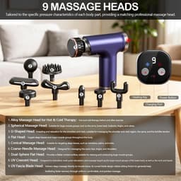 SnelShoppen - Lichaamsmassageapparaat met warmte- en koudefunctie, massagepistool, 9 massagekoppen, 9 intensiteitsniveaus, diepe weefseltherapie voor — thumbnail 3