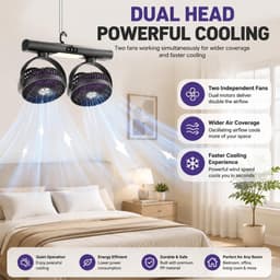 Kraftverdia® Dubbele Luchtcirculator – USB Oplaadbare Bureauventilator met 2 Ventilatorkoppen – Tafel-, Hang- en Wandventilator – 3 Snelheden – LED Verlichting – Type-C – Wit — thumbnail 5