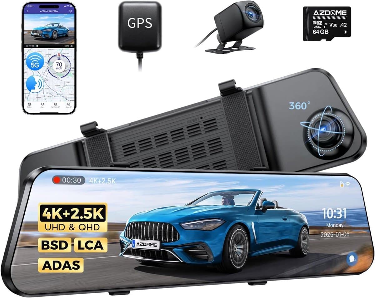 Dashcam voor auto - Zwart - 12 inch - Spiegel met 4K + 2.5K camera’s en GPS - Voor optimale beveiliging en nachtzicht — afbeelding 1